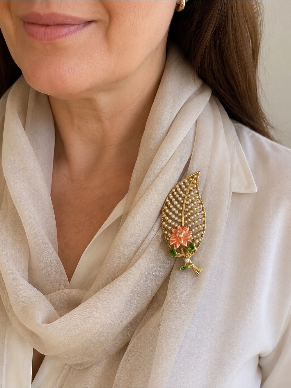 Vintage Signed BSK Faux Seed Pearl & Enamel Flower Leaf Brooch